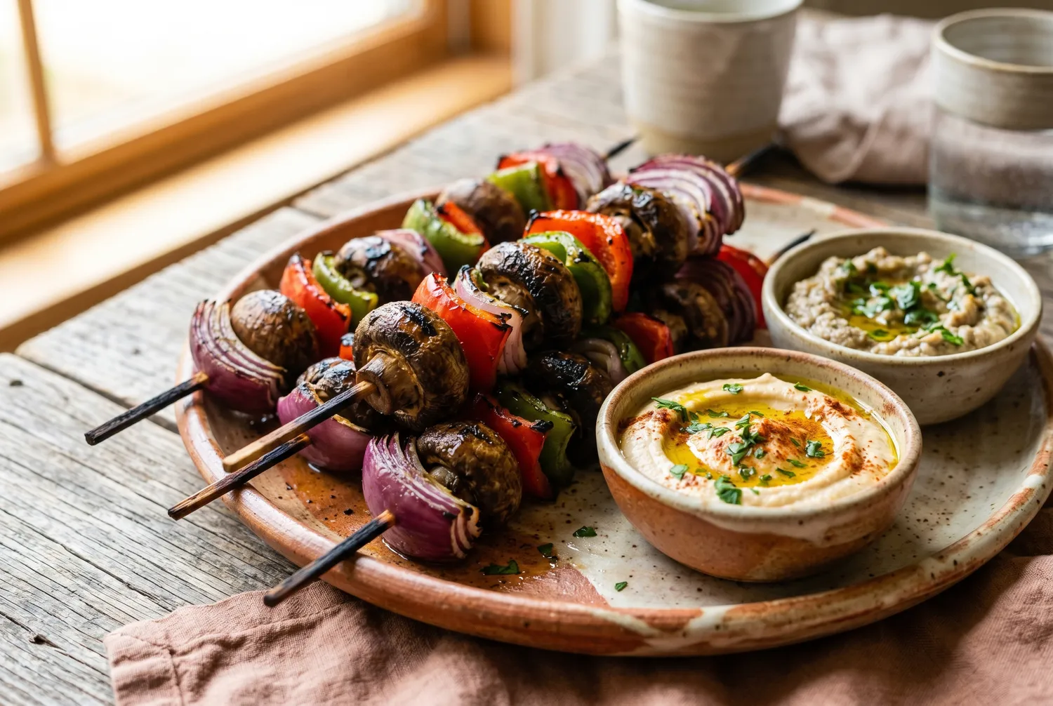 Vegetariska grillspett med champinjoner, paprika och rödlök serverade med hummus
